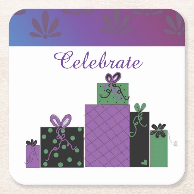 Celebrate Purple Christmas Packages Square Paper Coaster (Front)