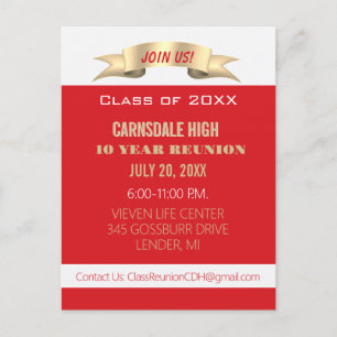 Celebrate! Red 10th Class Reunion Invite Postcard