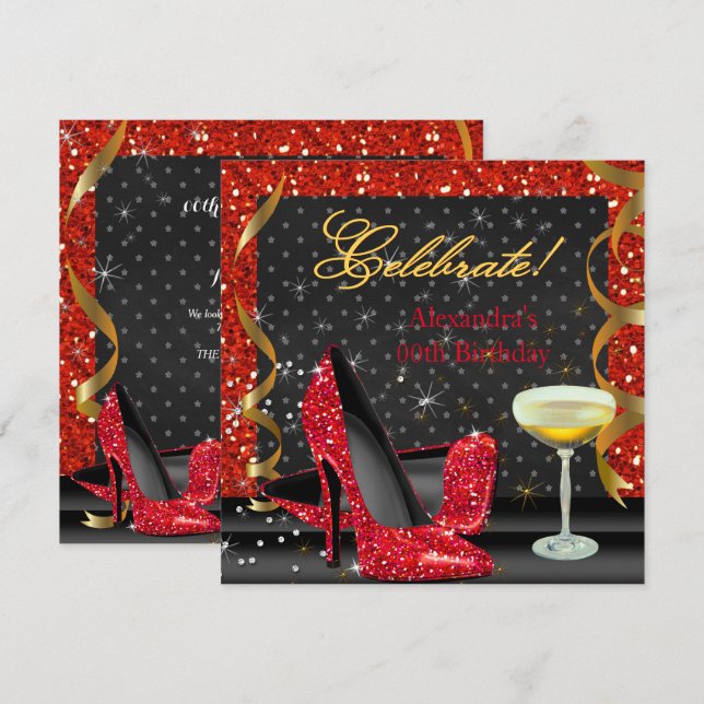 Celebrate Red Gold Black Glitter Birthday Party Invitation (Front/Back)