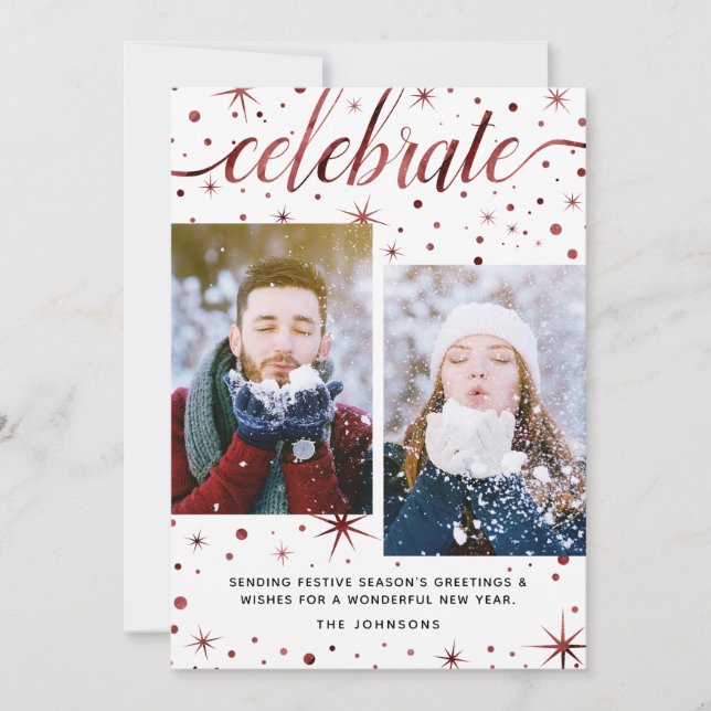 CELEBRATE Season's Greetings Typography 2-Photo Holiday Card (Front)