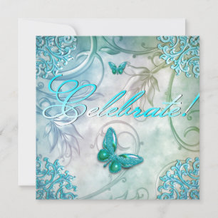 Celebrate Teal Blue Butterfly Floral Birthday Invitation