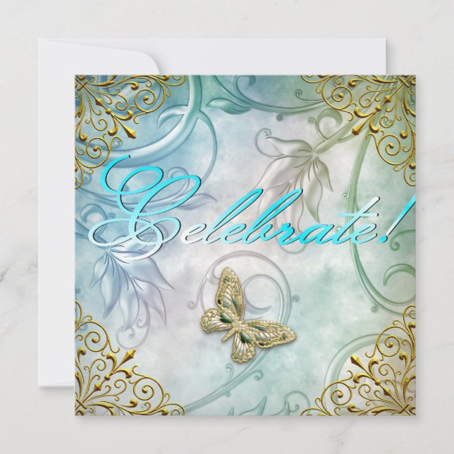 Celebrate Teal Blue Butterfly Floral Gold Party Invitation (Front)