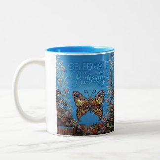 Celebrate the Butterfly (bright blue) Mission Kids Two-Tone Coffee Mug