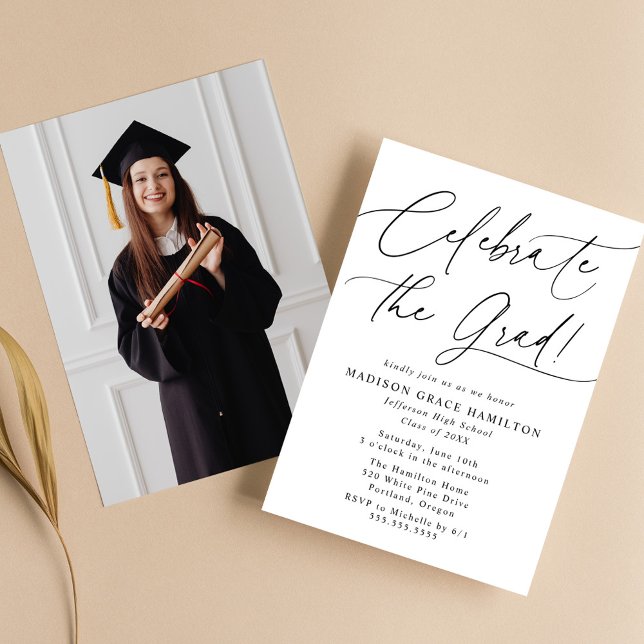 Celebrate the Grad Black Script Photo Graduation Invitation (Creator Uploaded)