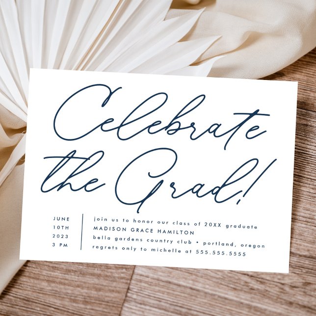 Celebrate the Grad Navy Script Graduation Party Invitation (Creator Uploaded)