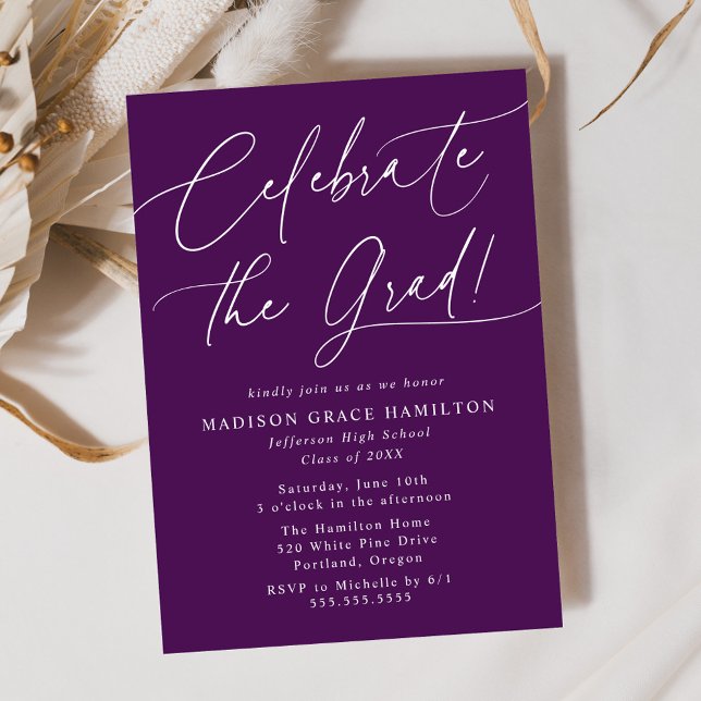 Celebrate the Grad Script Purple Graduation Party Invitation (Creator Uploaded)