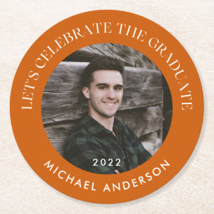 Celebrate the Graduate Burnt Orange Graduation Round Paper Coaster