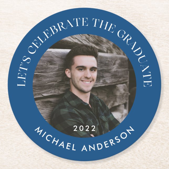 Celebrate the Graduate Modern Blue Graduation Round Paper Coaster (Front)