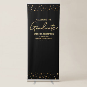 Celebrate the Graduate Name School Gold Black Retractable Banner