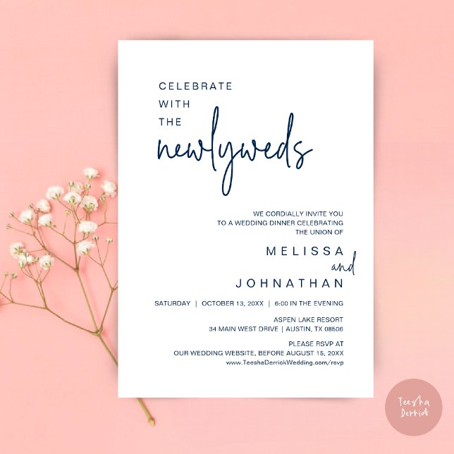 Celebrate With The Newlyweds, Wedding Dinner Invitation (Celebrate With The Newlyweds, Wedding Dinner Dancing Invitation Card, PDF, in Navy Blue)