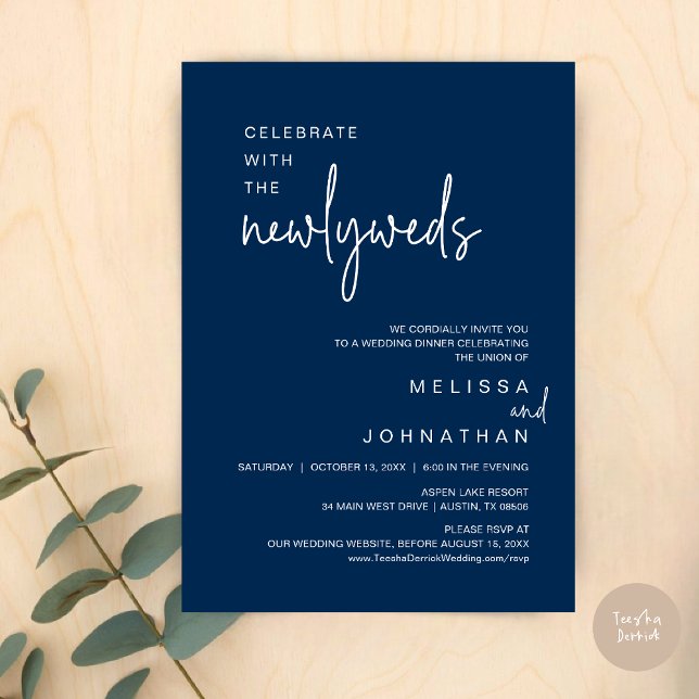 Celebrate With The Newlyweds, Wedding Dinner Invitation (Celebrate With The Newlyweds, Wedding Dinner Dancing Invitation Card, PDF, in Navy Blue)