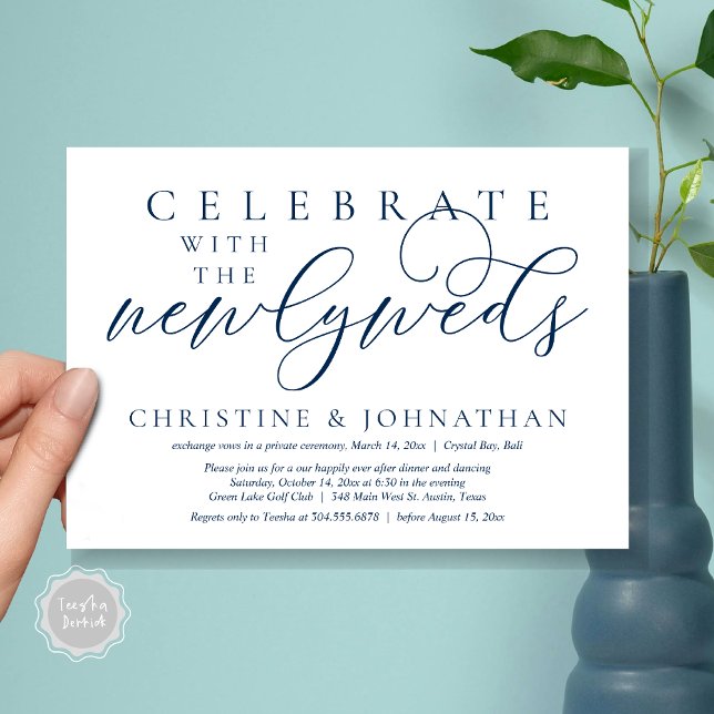 Celebrate with the newlyweds, Wedding Dinner  Invitation (Celebrate with the newlyweds, Wedding Dinner Invitation Card, PDF, Modern Romantic in Navy Blue)