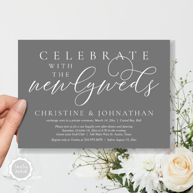 Celebrate with the newlyweds, Wedding Dinner  Invitation (Celebrate with the newlyweds, Wedding Dinner Invitation Card, PDF, Modern Romantic in Dark Grey)
