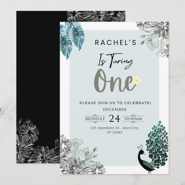 Celebrate With Us 1st birthday flower and Peacock Invitation (Front/Back)