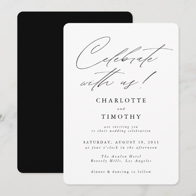Celebrate with Us Black White Calligraphy Wedding Invitation (Front/Back)