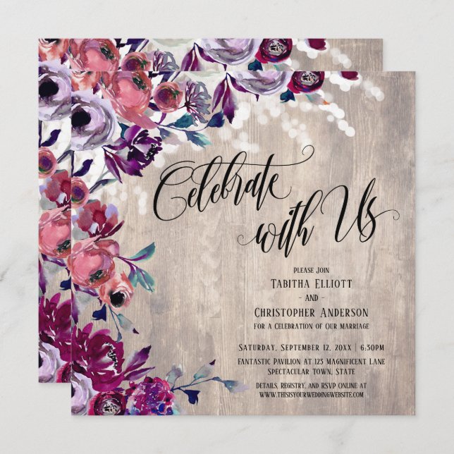 Celebrate with Us Bold Flowers Pale Wood & Lights Invitation (Front/Back)