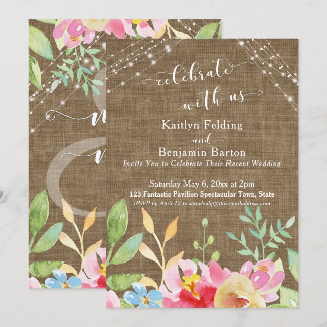 Celebrate with Us, Burlap, Flowers & Lights Invitation (Front/Back)