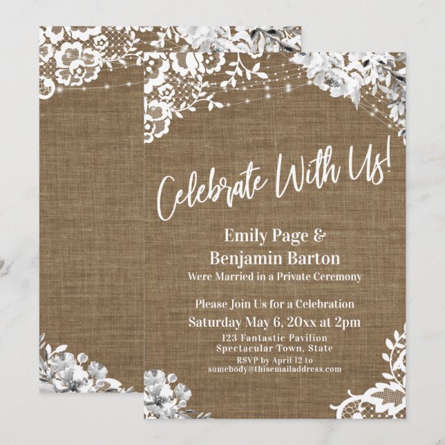 Celebrate With Us! Burlap Lace Floral Lights Party Invitation (Front/Back)