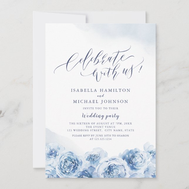 Celebrate With Us! calligraphy dusty blue floral Invitation (Front)