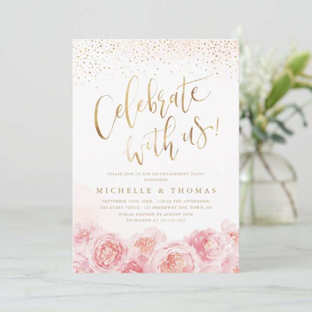 Celebrate With Us! calligraphy gold & blush floral Invitation (Standing Front)