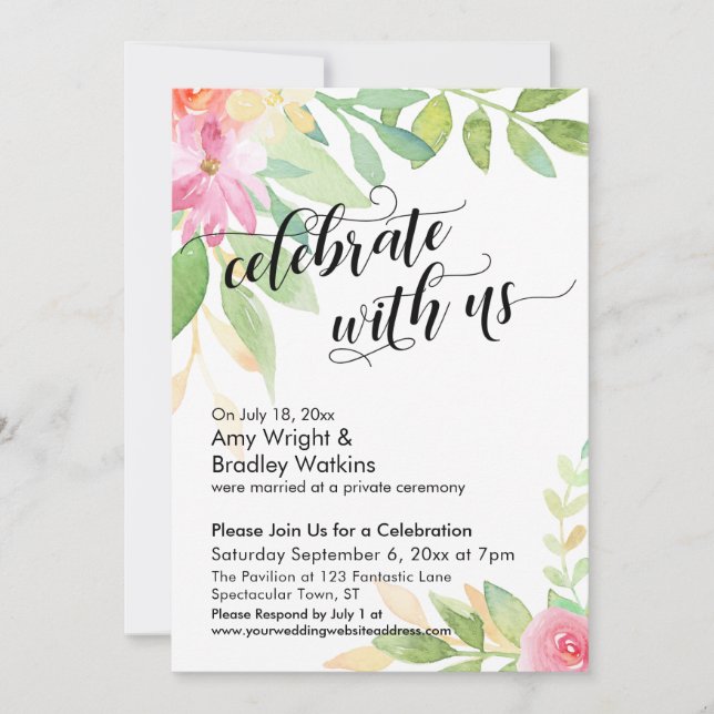 Celebrate with Us Calligraphy Watercolor Flowers Invitation (Front)