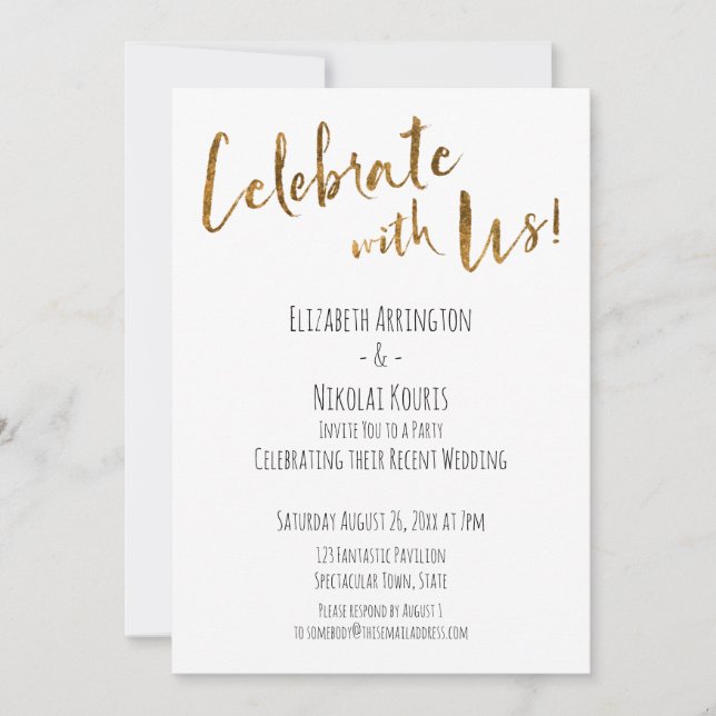 Celebrate With Us! Casual Gold Script Reception Invitation (Front)