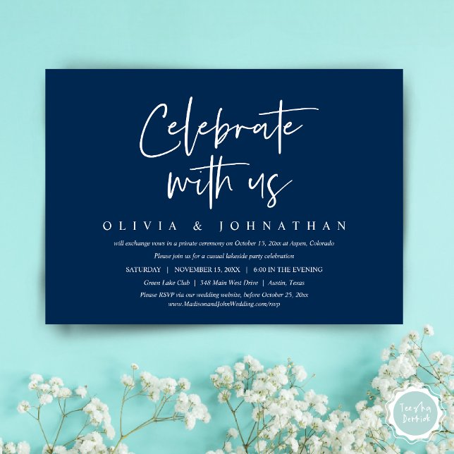 Celebrate with us, Casual Wedding Elopement Party Invitation (Celebrate with us, Wedding Elopement Invitation Dinner, Lunch, Brunch Party, Card, PDF, Navy Blue)