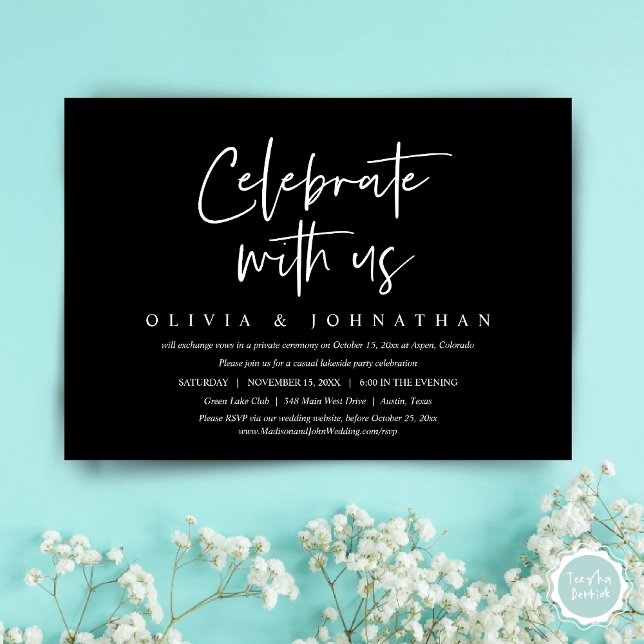 Celebrate with us, Casual Wedding Elopement Party Invitation (Celebrate with us, Wedding Elopement Invitation Dinner, Lunch, Brunch Party, Card, PDF, Classy Black)