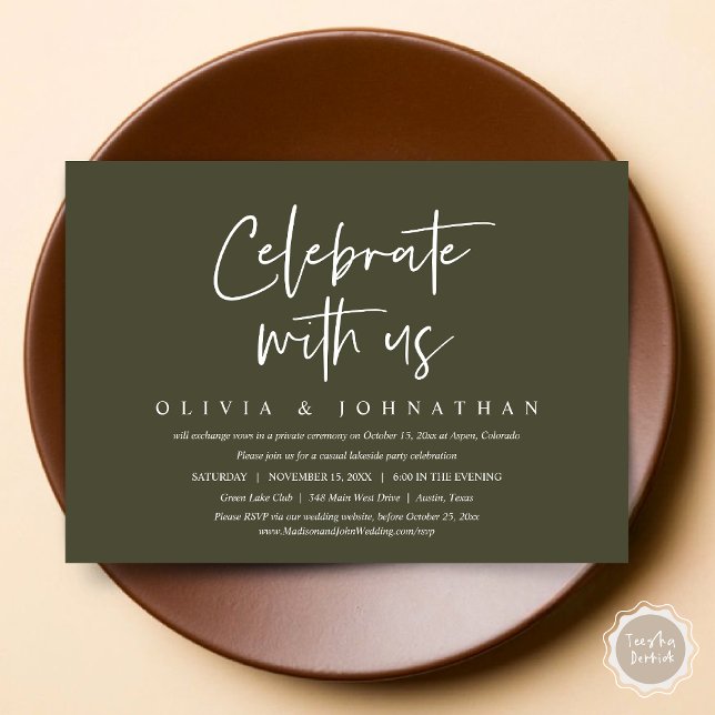 Celebrate with us, Casual Wedding Elopement Party Invitation (Celebrate With Us, Wedding Elopement Brunch, Lunch, Dinner Party Invitation Card, PDF, Olive Green)