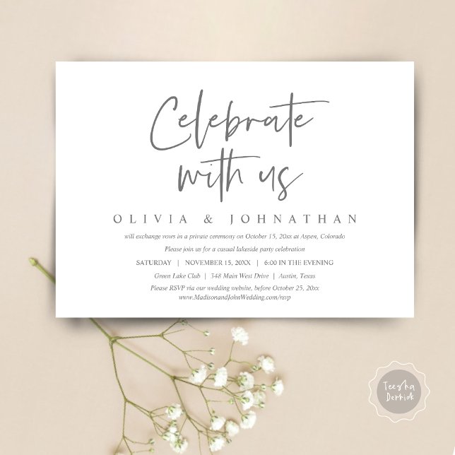 Celebrate with us, Casual Wedding Elopement Party Invitation (Celebrate With Us, Wedding Elopement Brunch, Lunch, Dinner Party Invitation Card, PDF, dark grey)
