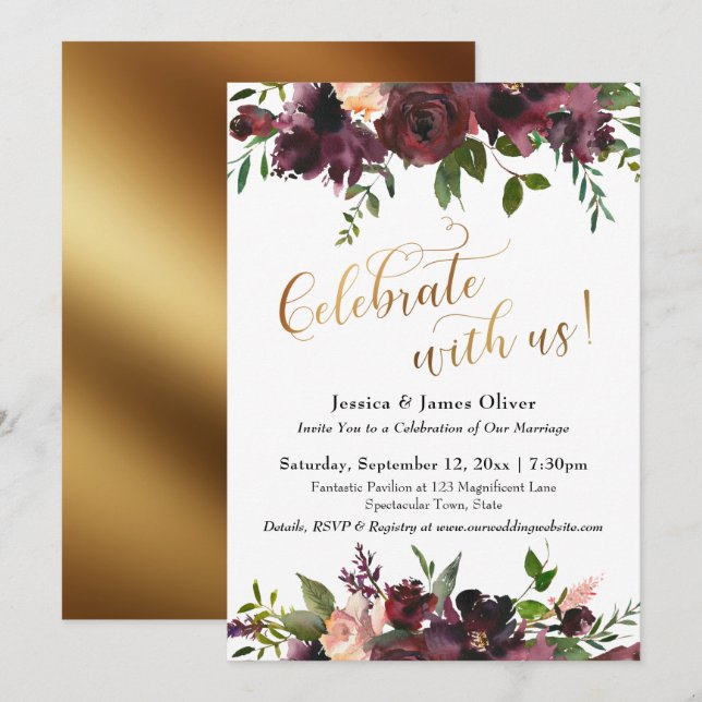 Celebrate with Us! Dark Red Burgundy Floral & Gold Invitation (Front/Back)