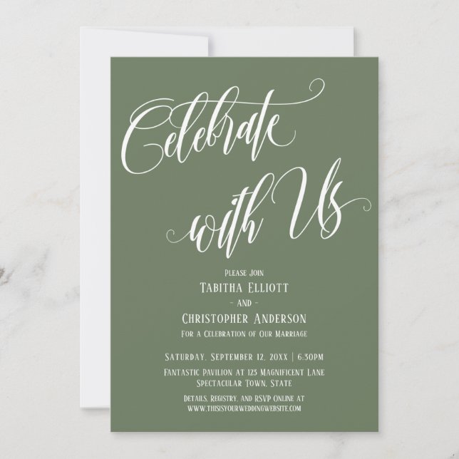 Celebrate with Us Elaborate Script Olive Green Invitation (Front)
