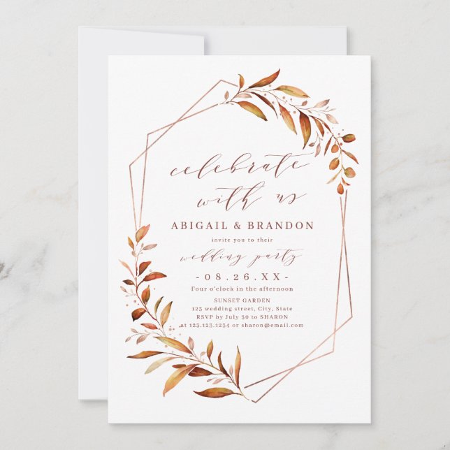 Celebrate With Us! Fall Greenery Geometric Wedding Invitation (Front)