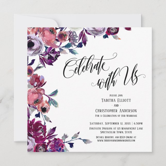 Celebrate with Us Flourishing Script Bold Flowers Invitation (Front)
