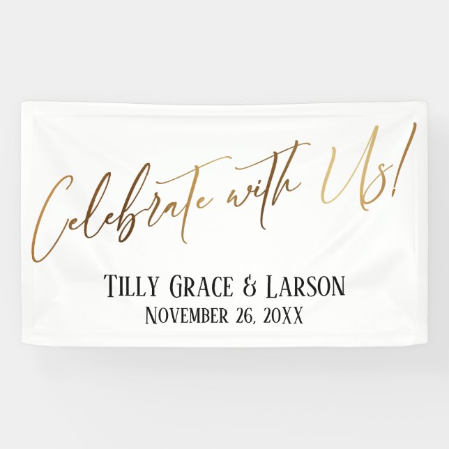 Celebrate with Us! Gold Handwriting Typography Banner (Horizontal)