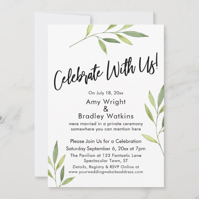Celebrate With Us! Green Watercolor Foliage Invitation (Front)