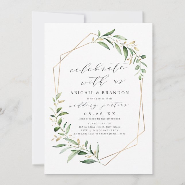 Celebrate With Us! Greenery Geometric Wedding  Invitation (Front)