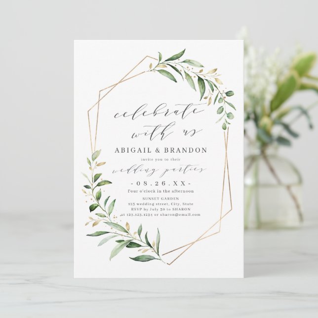 Celebrate With Us! Greenery Geometric Wedding  Invitation (Standing Front)