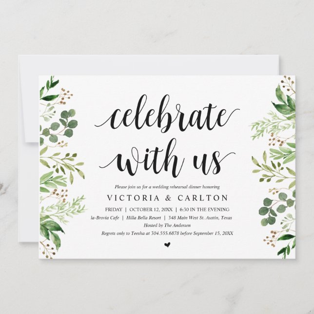 Celebrate with us, Greenery, Rehearsal Dinner Invitation (Front)