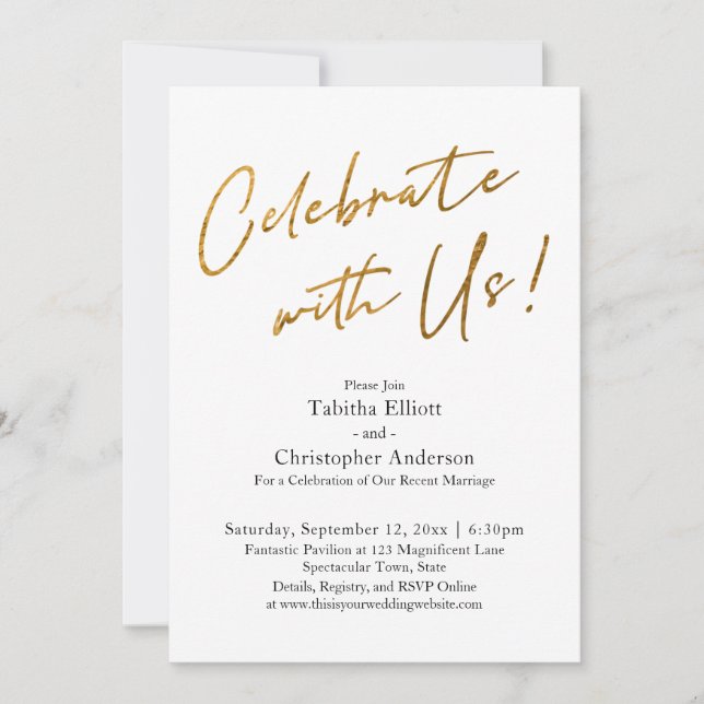 Celebrate with Us Handwriting Gold Basic Reception Invitation (Front)