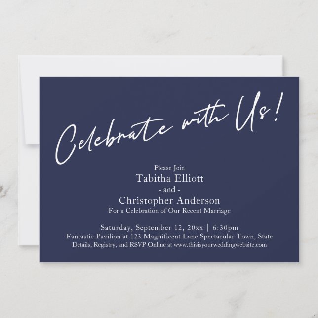 Celebrate with Us Handwriting Simple Navy Blue Invitation (Front)