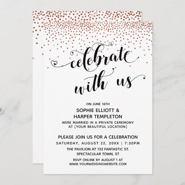 Celebrate with Us Hearts Script Copper Confetti Invitation (Front/Back)