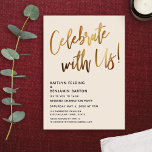 Celebrate With Us! Minimal Gold Handwriting Cream Invitation<br><div class="desc">Invite your guests to your wedding celebration with the help of these simple invitation cards. For the header, I've used a casual, modern, handwritten font to create a graphic typography overlay reading "Celebrate with Us!". This image was embellished with a smooth faux gold foil effect for a festive result. Fill...</div>