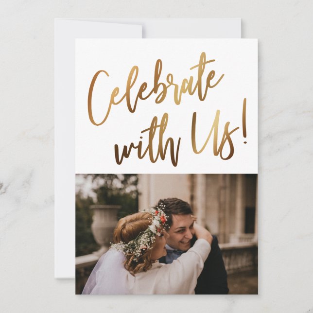 Celebrate With Us! Minimal Gold Handwriting Photo Invitation (Front)