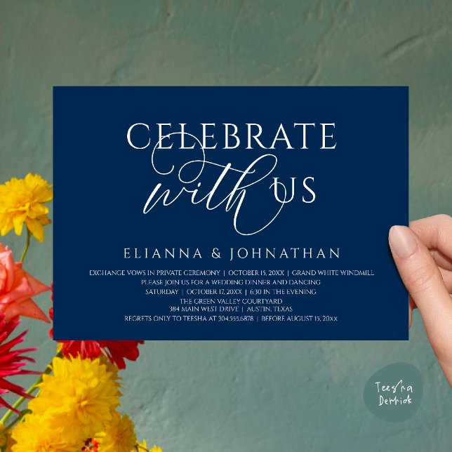 Celebrate with us, Modern Elegant Wedding Dinner Invitation (Celebrate with us, Modern Elegant Wedding Dinner Lunch Brunch Invitation Card in Navy Blue)