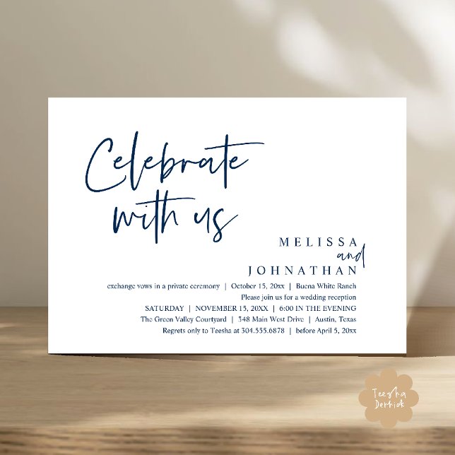Celebrate with us Modern Wedding Reception Invitation (Celebrate with us Modern Casual Wedding Reception Dinner Lunch Brunch Invites Card PDF Navy Blue)