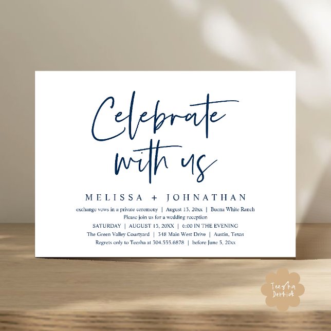 Celebrate with us Modern Wedding Reception Invitation (Celebrate with us Modern Casual Wedding Reception Dinner Lunch Brunch Invites Card PDF Navy Blue)