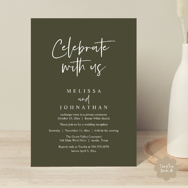 Celebrate with us, Modern Wedding Reception Invitation (Celebrate with us Modern Casual Wedding Reception Dinner Lunch Brunch Invites Card PDF Olive Green)