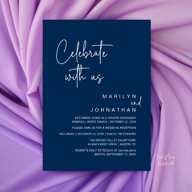 Celebrate with us, Modern Wedding Reception Party Invitation (Celebrate with us, Modern Wedding Reception Dinner Party Invitation Card in Navy Blue)