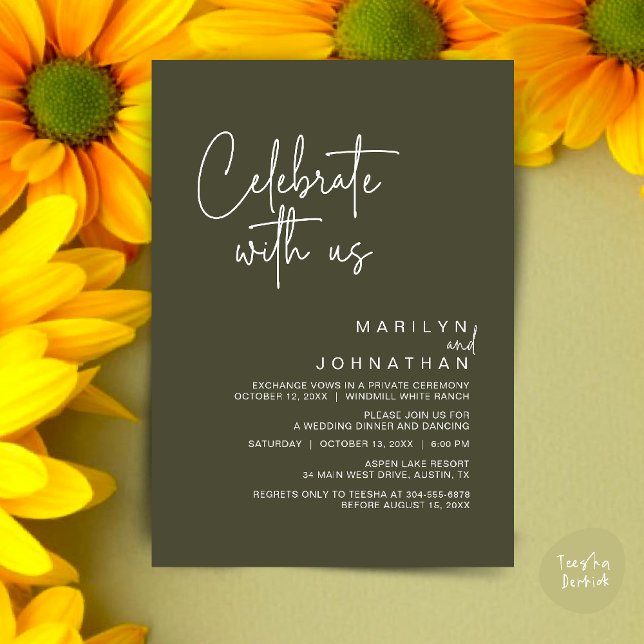 Celebrate with us, Modern Wedding Reception Party Invitation (Celebrate with us, Post Wedding Elopement Party Dinner Brunch Lunch Invitation Card PDF Olive Green)